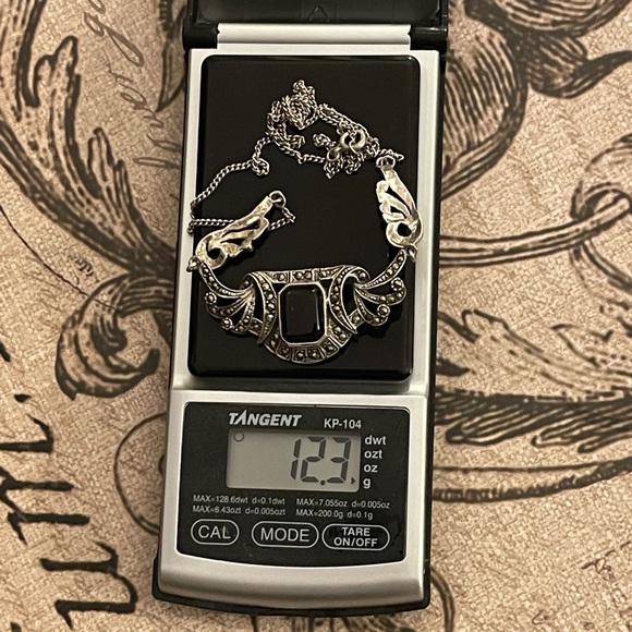 Vintage Art Deco black onyx marcasite solid sterling silver necklace - Picture 4 of 7